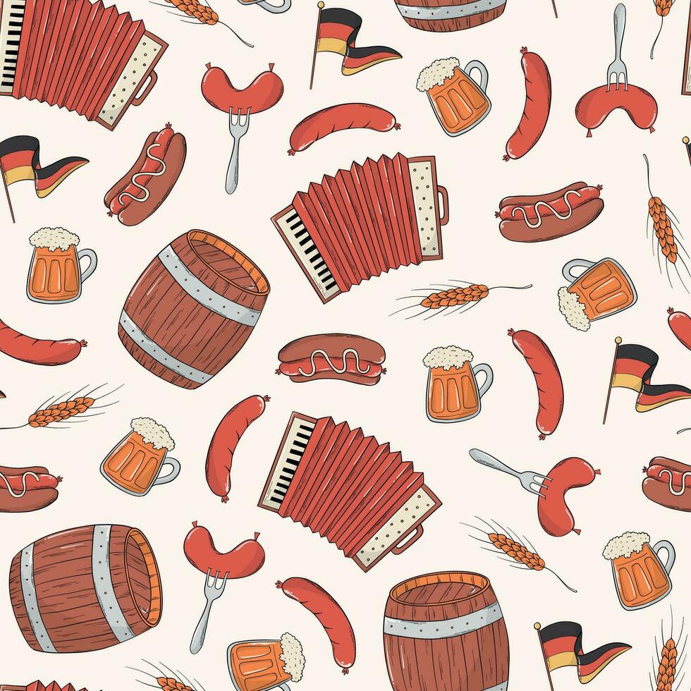 oktoberfest sans couture modèle avec griffonnages de saucisses, bière, barils et drapeaux. emballage papier, fond d'écran, fond, emballage, textile impression conception. eps dix vecteur