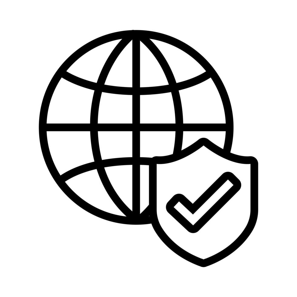 sphère avec bouclier sécurisé et icône de style de ligne de symbole de contrôle vecteur