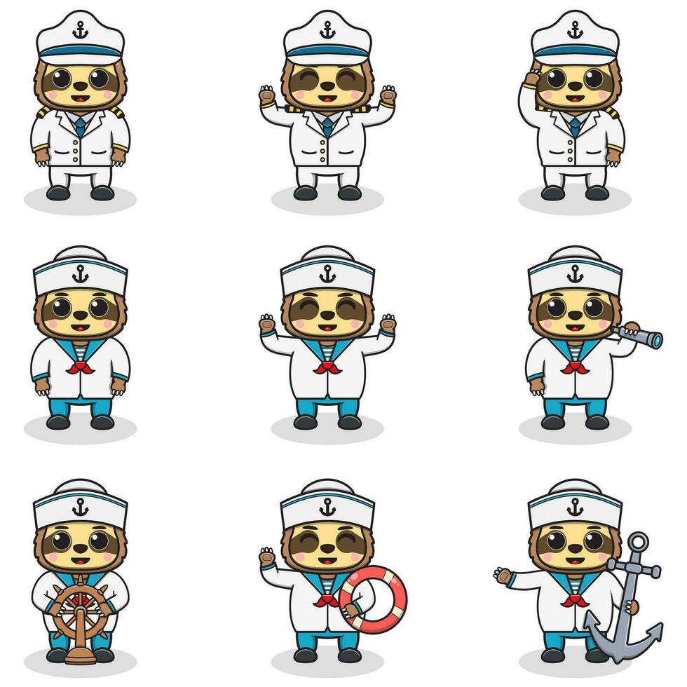 marrant la paresse marins ensemble. mignonne la paresse personnages dans capitaine casquette dessin animé vecteur illustration.