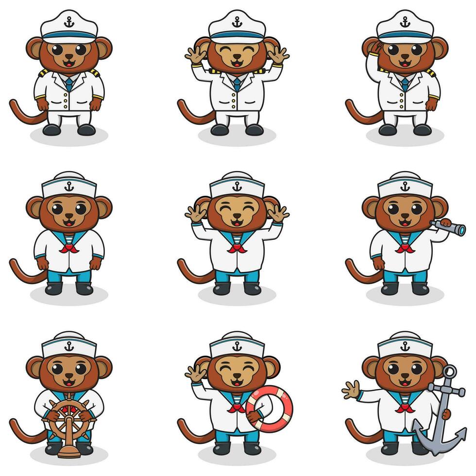 marrant singe marins ensemble. mignonne singe personnages dans capitaine casquette dessin animé vecteur illustration.