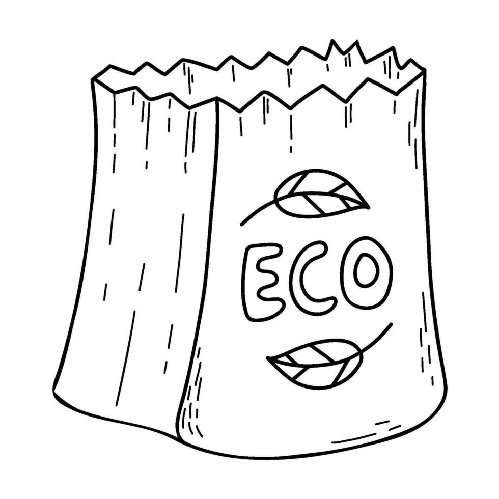 éco papier épicerie sac. vecteur contour illustration. main dessin éco amical, emballer. environnement protection.