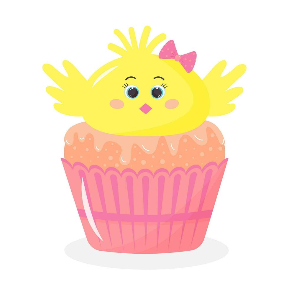 mignonne Pâques petit gâteau avec bébé poussin diriger. marrant sucré muffin avec dessin animé poulet fille. vecteur