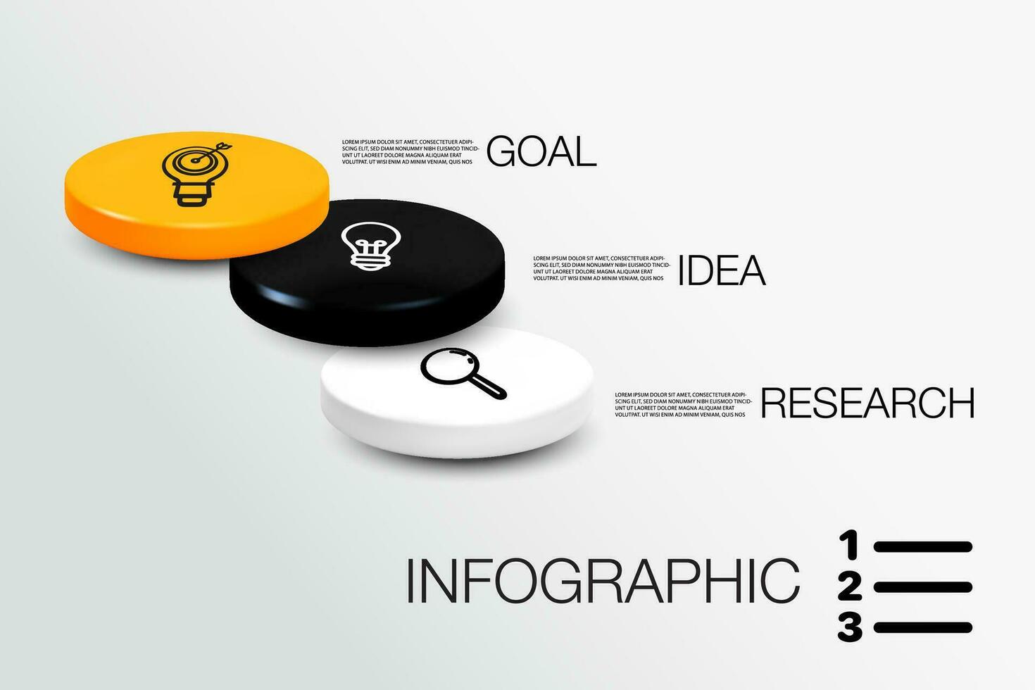 infographie modèle pour entreprise. 3 pas cercle forme et icône pour commercialisation recherche idée objectif concept vecteur