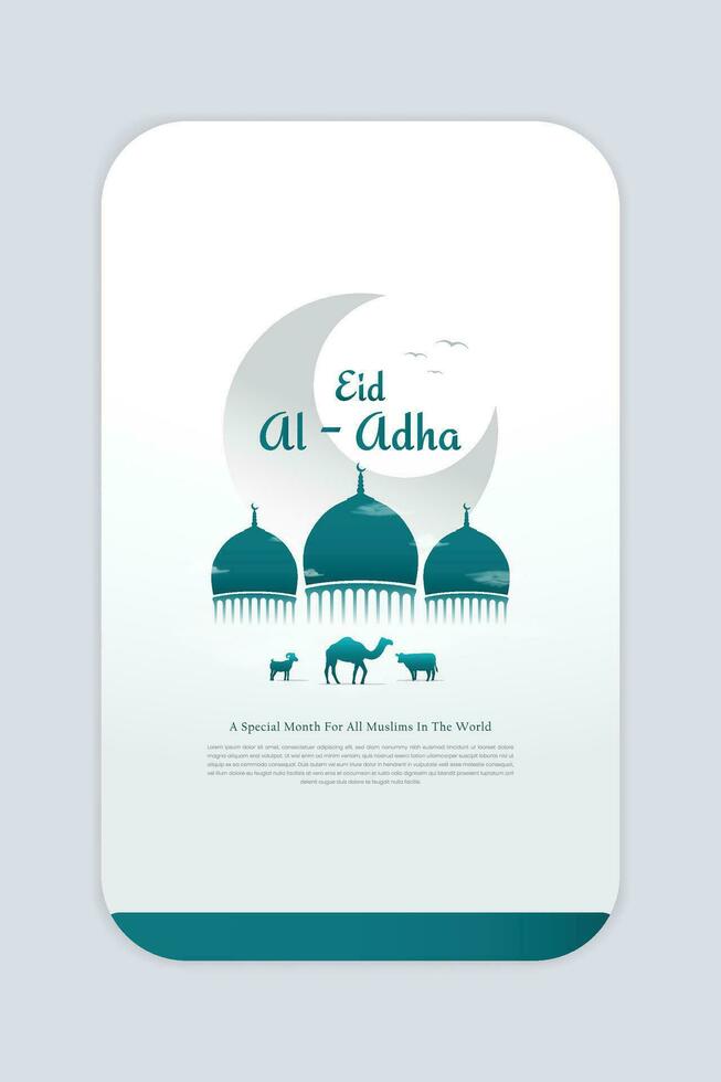 verticale social médias modèle, eid Al adha spécial thème avec Trois mosquée dôme ornements et chameau, vache, et chèvre animaux. vecteur
