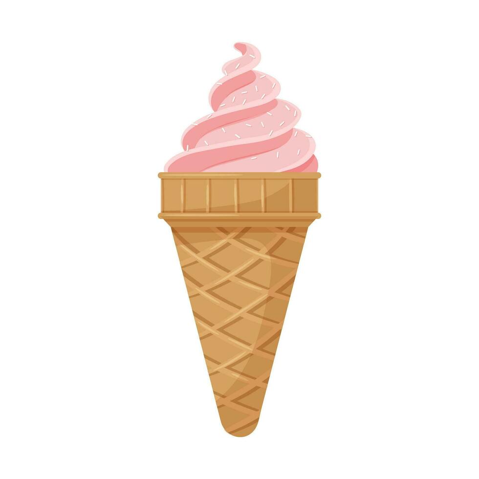 fraise rose la glace crème dans une gaufre cône doux, graisse, Hautement calorifique, mauvais pour la santé nourriture, dessert, régal. le symbole de été. Couleur vecteur illustration dans dessin animé plat style. isolé sur blanc Contexte