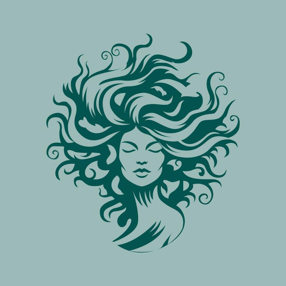 femme dans forme de chêne arbre avec agitant cheveux. abstrait beauté industrie vecteur logo conception. unique illustration.
