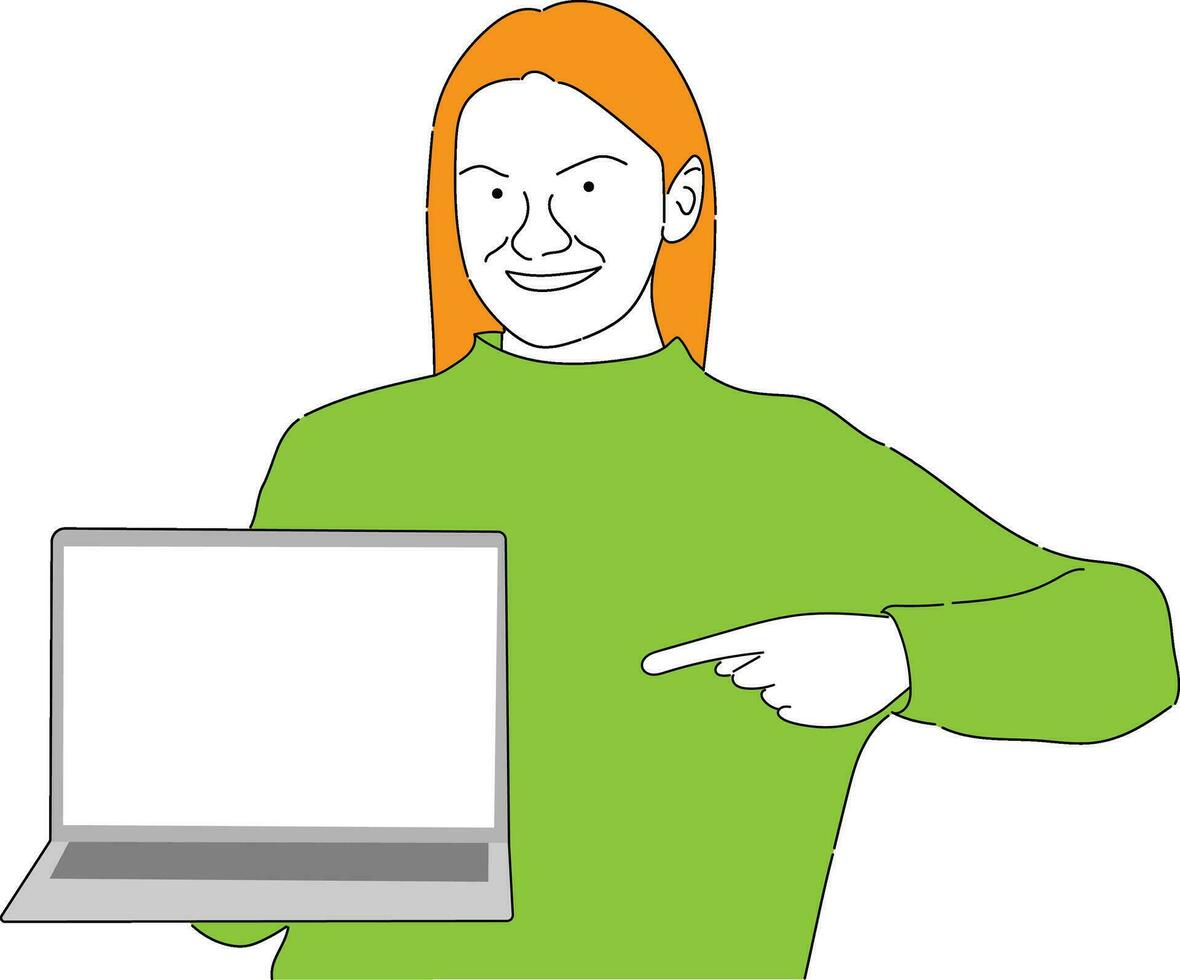 une femme d'affaires est séance à une portable. le fille est surfant le l'Internet ou travail à une ordinateur. vecteur Célibataire ligne main dessin esquisser illustration.