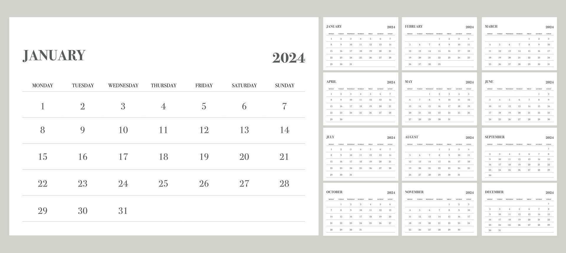 calendrier 2024 avec la semaine début de lundi, minimaliste conception vecteur