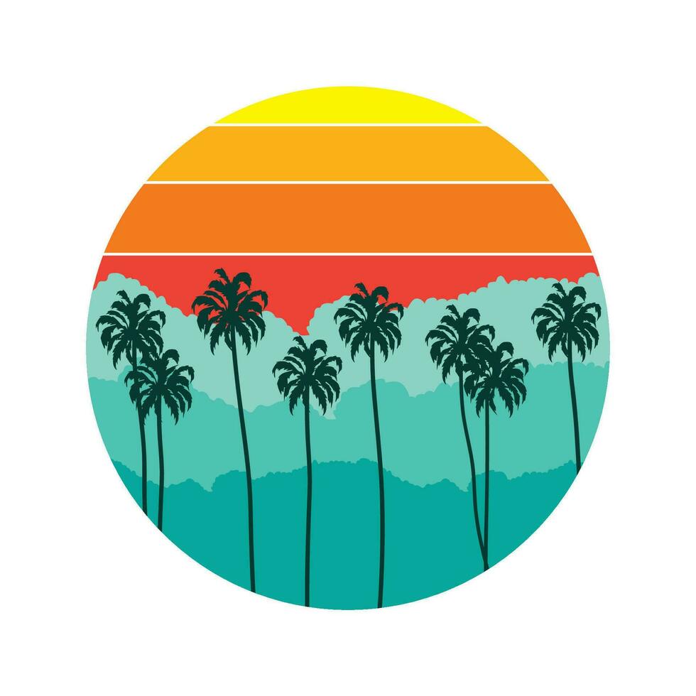 le coucher du soleil plage avec paume arbre vecteur illustration logo, parfait pour t chemise conception et plage maison logo