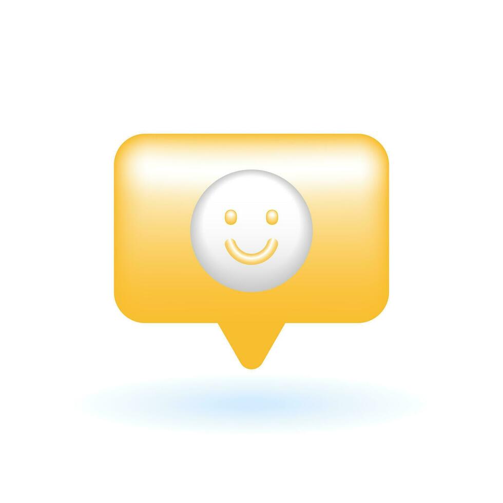3d sourire content emoji discours bulle icône. commercialisation en ligne achats concept. brillant verre Plastique pastel couleur. mignonne réaliste dessin animé minimal style. 3d rendre vecteur icône ux ui isolé illustration.