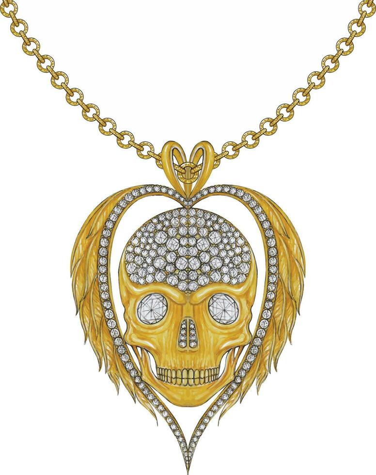 bijoux conception aile crâne cœur ensemble avec diamant pendentif main dessin et La peinture faire graphique vecteur. vecteur