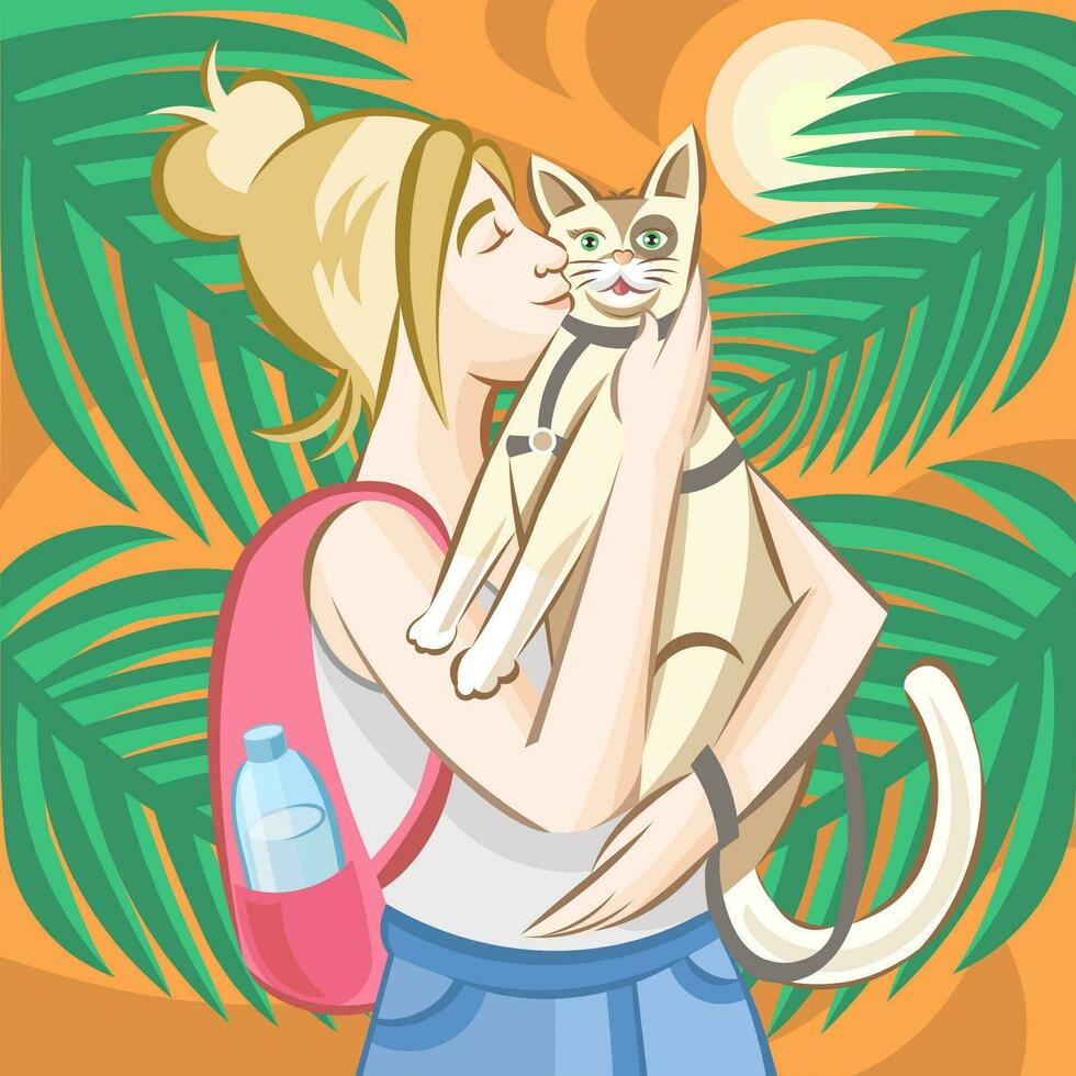 blond fille avec rose sac à dos caresse blond chat dans gris animal de compagnie laisse pendant à l'extérieur en marchant dans tropical paysage avec paumes feuilles et le coucher du soleil ciel - vecteur illustration