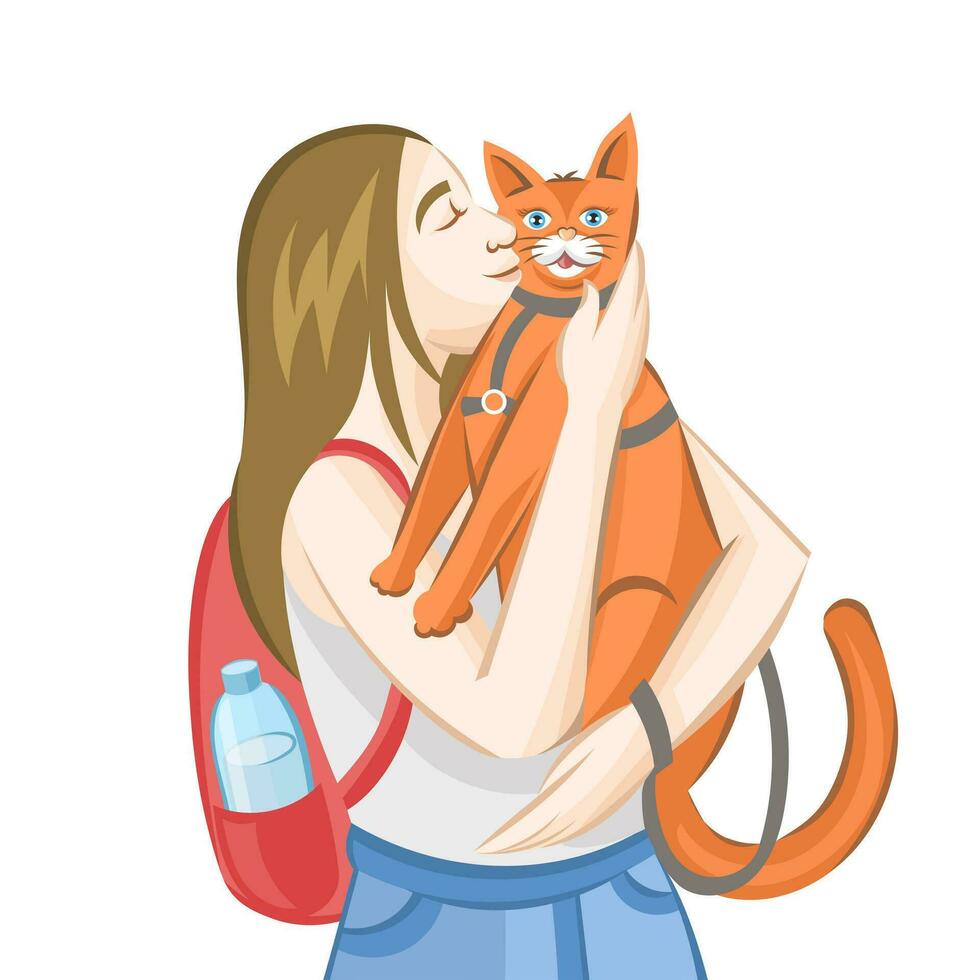 cheveux bruns fille avec rouge sac à dos caresse gingembre chat dans gris animal de compagnie laisse pendant à l'extérieur en marchant sur blanc Contexte - vecteur illustration