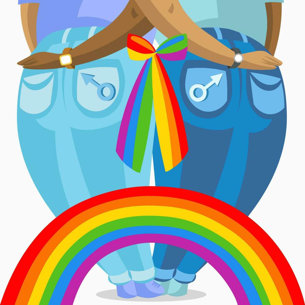 deux foncé peau gay Hommes dans jeans en portant chaque autre, connecté avec coloré arc et arc en ciel - vecteur illustration. lgbt fierté gay et lesbienne concept