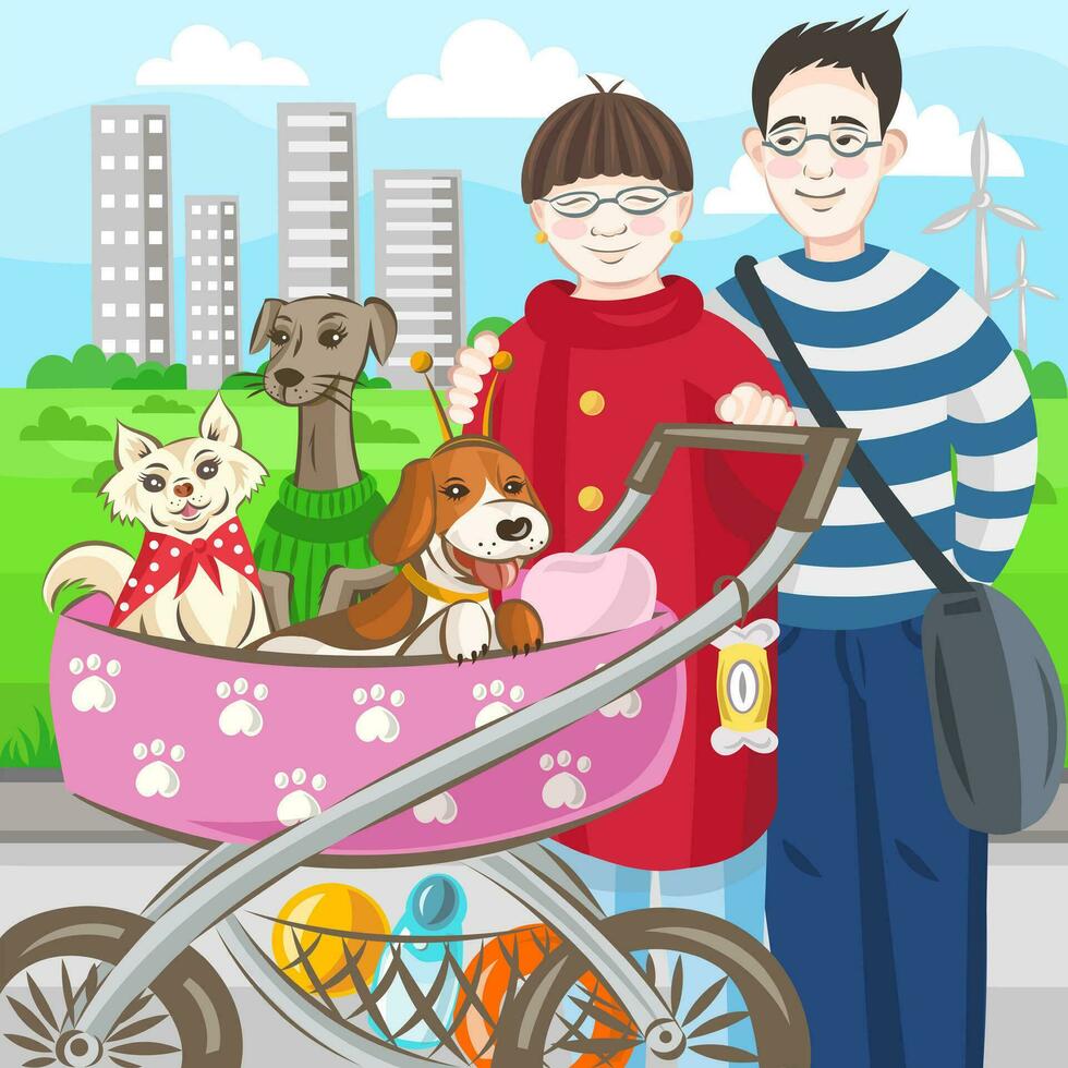 asiatique couple avec 3 chiens chihuahua, levrette et beagle dans poussette en marchant dans le parc - vecteur illustration