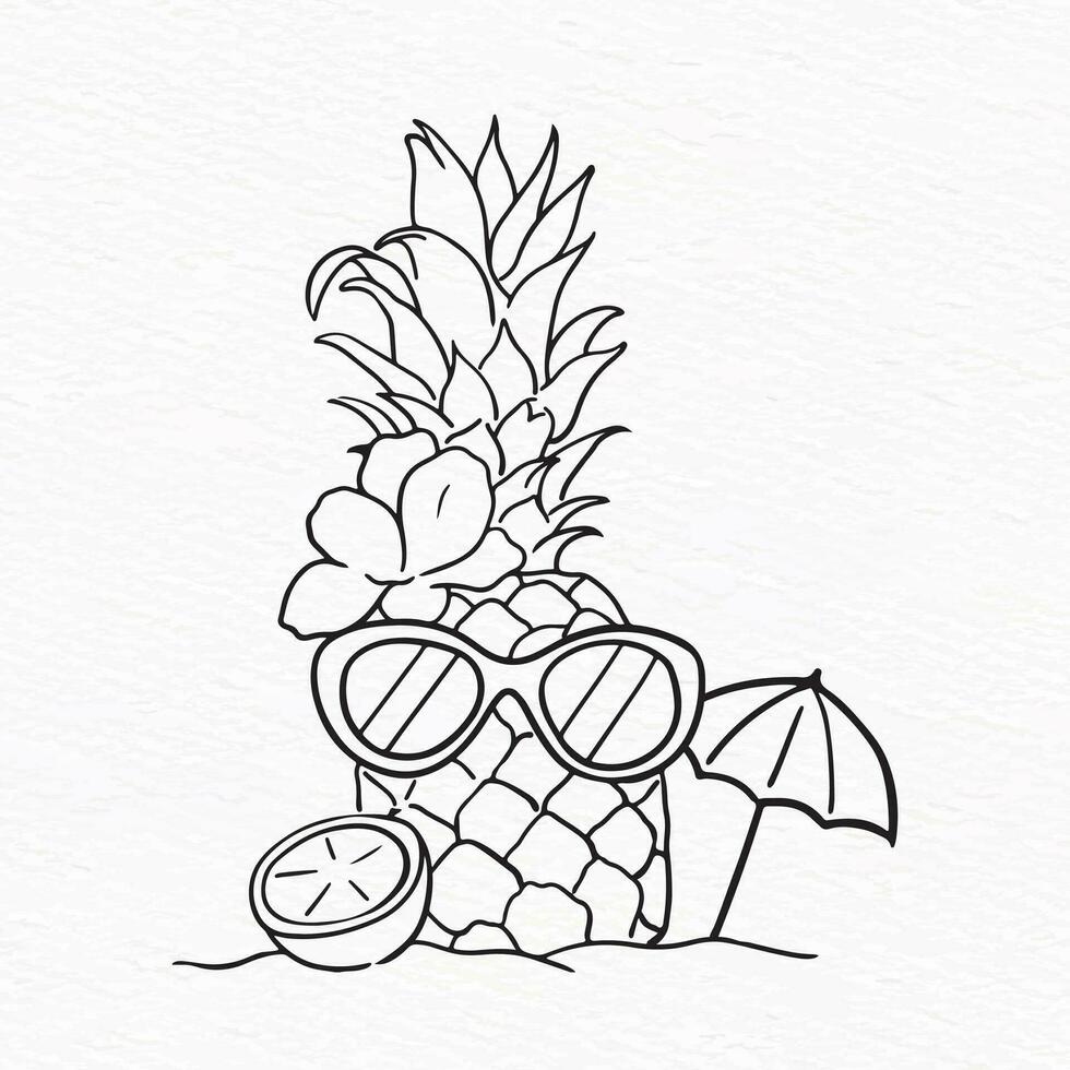 été vibe illustration avec mignonne ananas fleur lunettes de soleil parapluie et citron ligne dessin vecteur