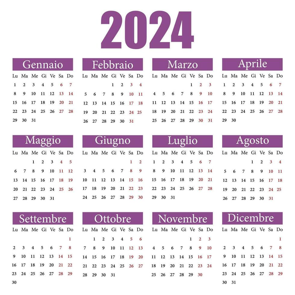calendrier dans italien pour 2024. le la semaine départs de lundi. vecteur illustration