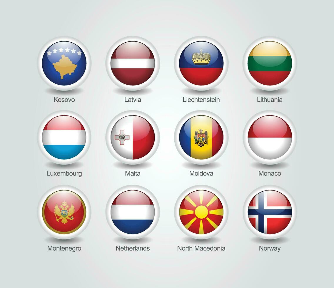 3d drapeau Icônes brillant cercle de L'Europe  des pays vecteur