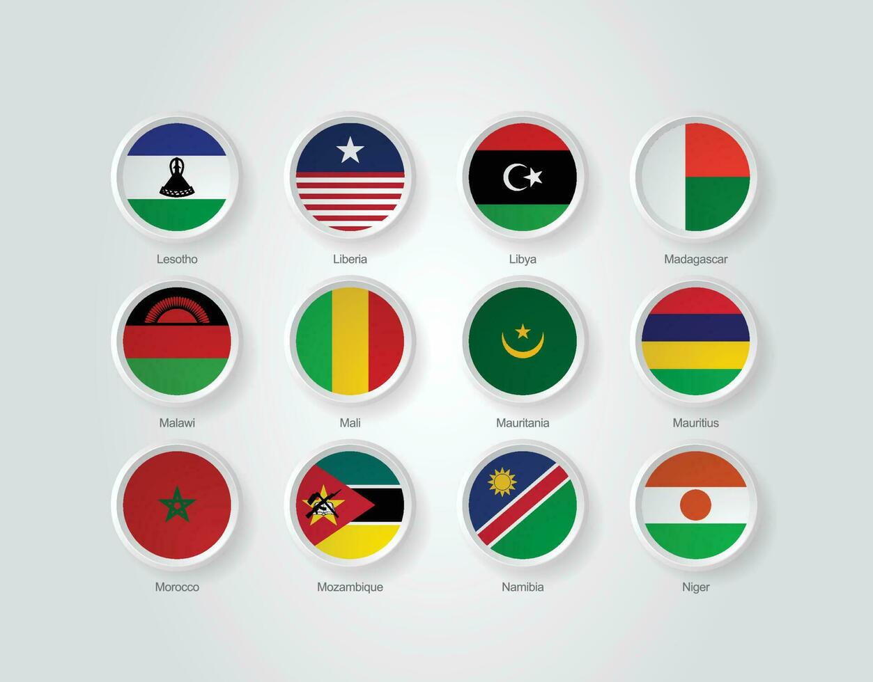 3d drapeau Icônes gaufrer cercle de Afrique des pays vecteur