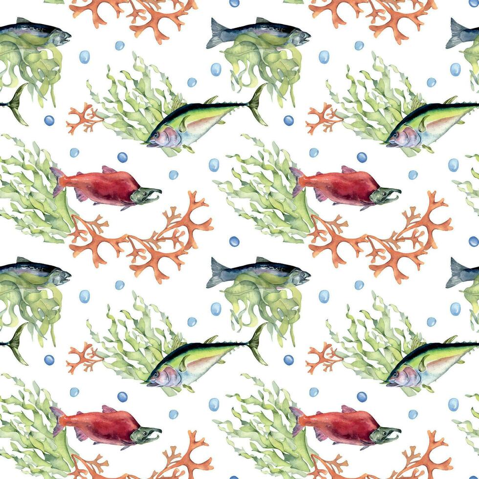 divers sauvage mer poisson sans couture modèle aquarelle illustration isolé sur blanche. algues, thon, saumon, coho, mer les plantes main dessiné. conception élément pour textile, emballage, papier, emballage, bannière vecteur