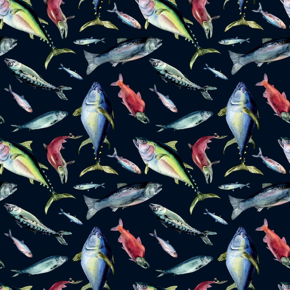 divers mer des poissons sans couture modèle aquarelle illustration isolé sur noir. sauvage poisson, thon, saumon, hareng, anchois main dessiné. conception élément pour textile, emballage, papier, emballage, Contexte vecteur