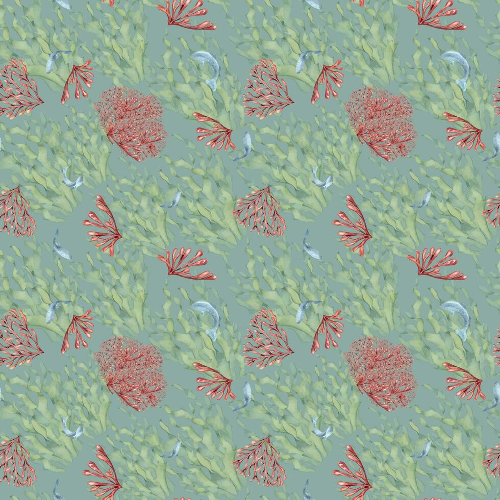 sans couture modèle de laminaires et corail aquarelle isolé sur bleu Contexte. rose gélose gélose, mer les plantes et poisson main dessiné. conception élément pour emballer, textile, papier, emballage, Marin collection vecteur