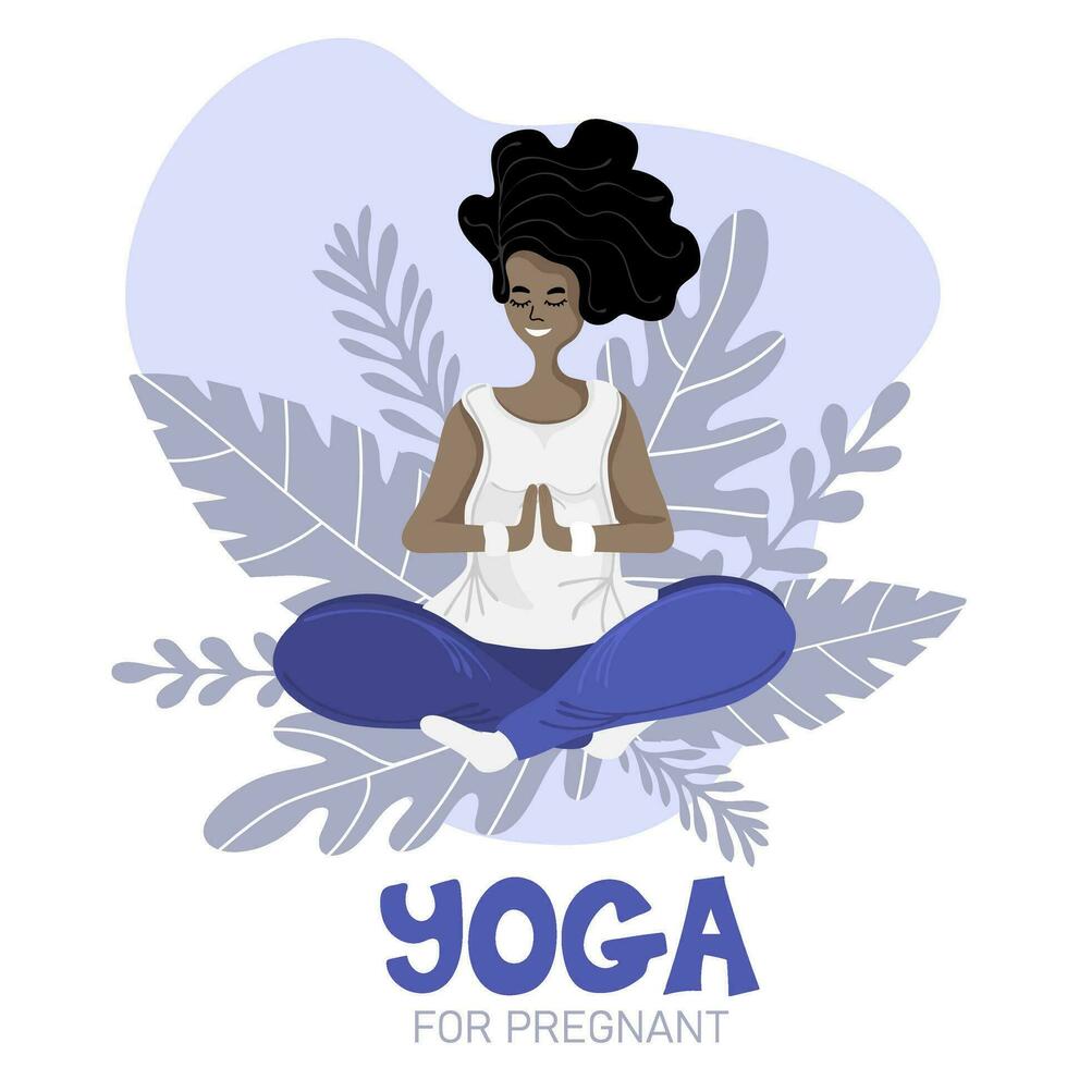 yoga pour enceinte. africain américain Enceinte femme Faire yoga, ayant en bonne santé mode de vie et relaxation. content et en bonne santé grossesse concept vecteur