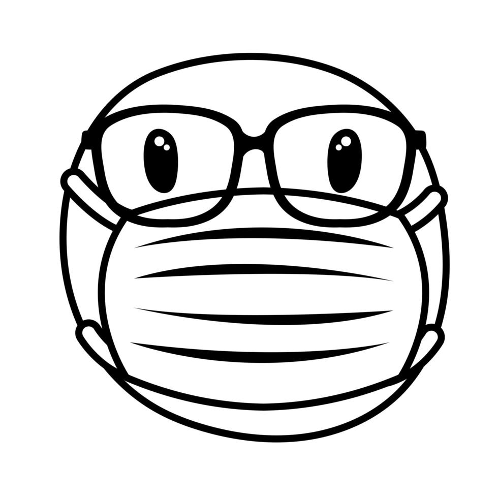 emoji portant un masque médical et un style de ligne de lunettes vecteur