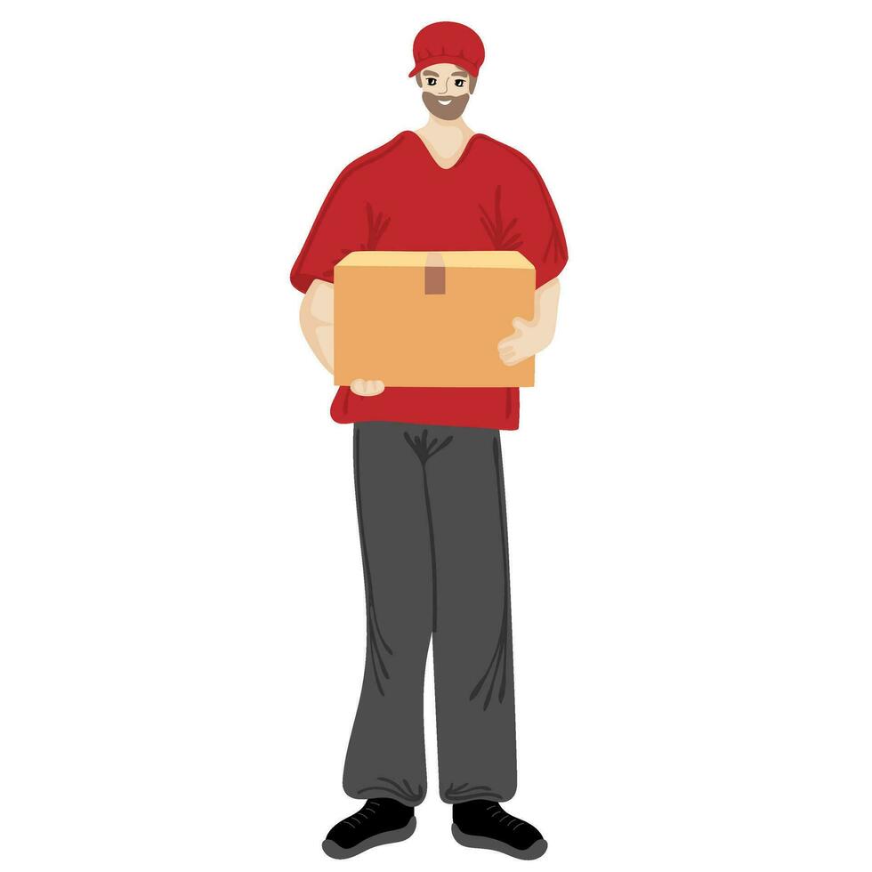 souriant homme dans rouge uniforme de courrier livraison prestations de service en portant parcelle boîte vecteur