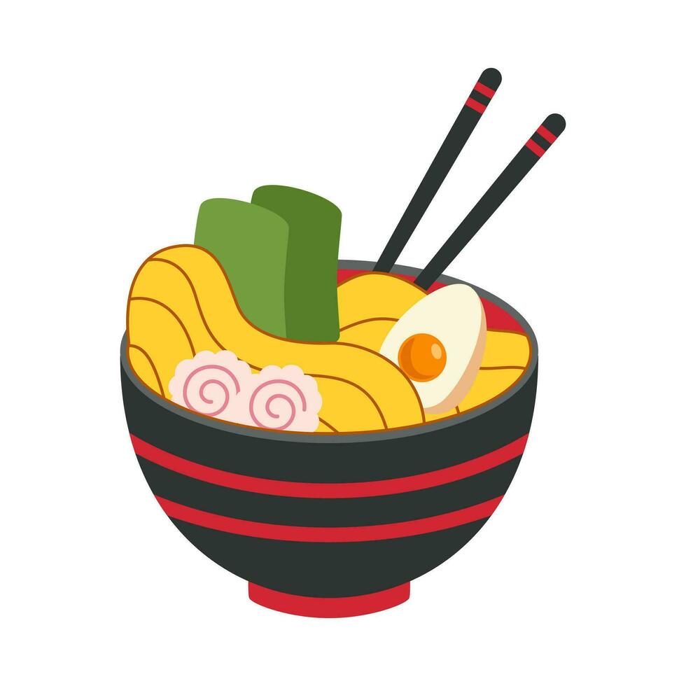 vecteur illustration de délicieux Japonais ramen nouille sur bol avec plat style. traditionnel asiatique nouille soupe. ramen avec des œufs et crevette. le nouilles sont pendaison sur des bâtons. est cuisine.