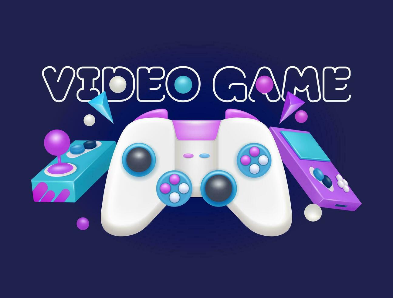 vidéo Jeux, 3d illustration. blanc manette de jeu pour jeu, poche console et arcade manette. isolé 3d objet sur foncé violet Contexte. parfait pour conception éléments et bannières vecteur