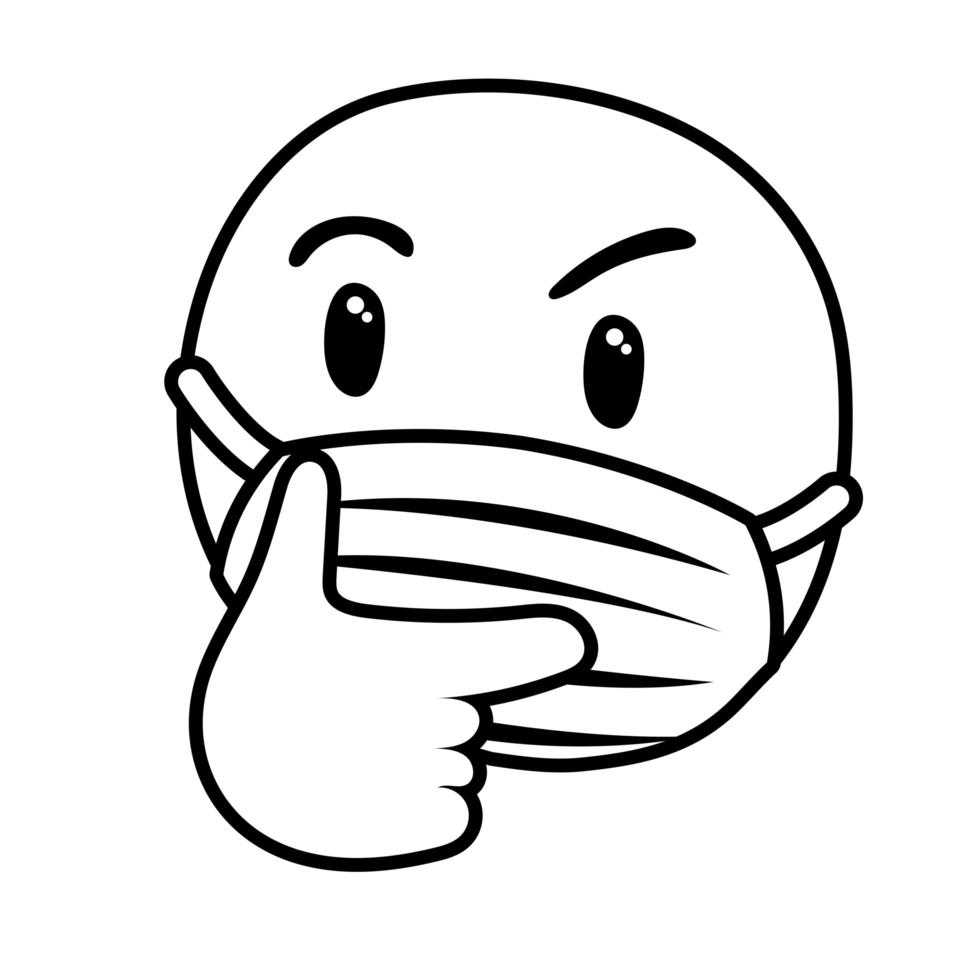 emoji réfléchi portant un style de ligne de masque médical vecteur