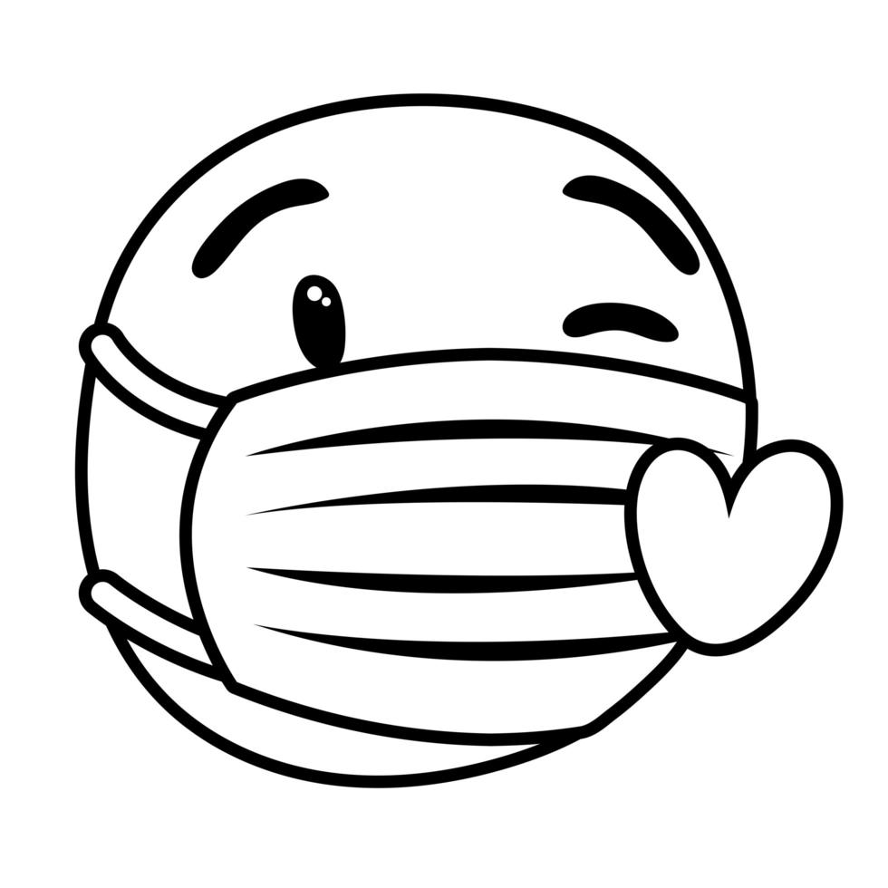 emoji portant un masque médical avec un style de ligne de coeurs vecteur