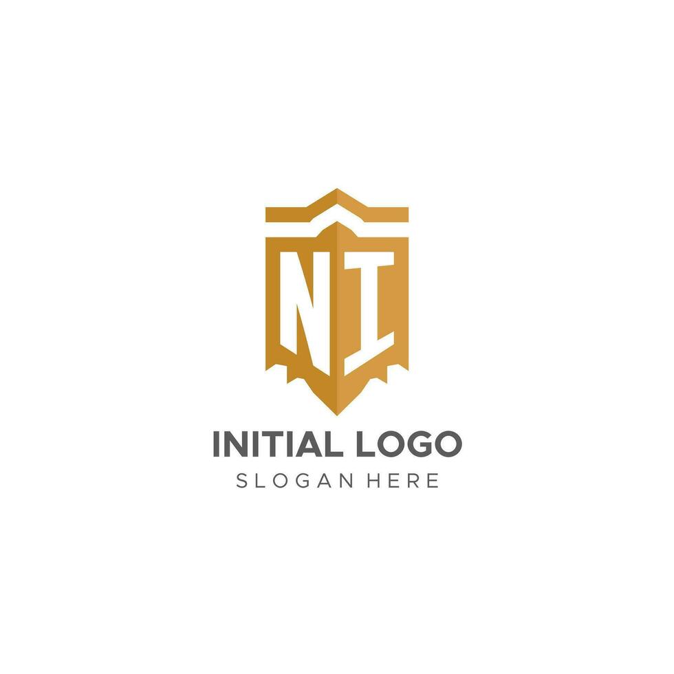 monogramme ni logo avec bouclier géométrique forme, élégant luxe initiale logo conception vecteur