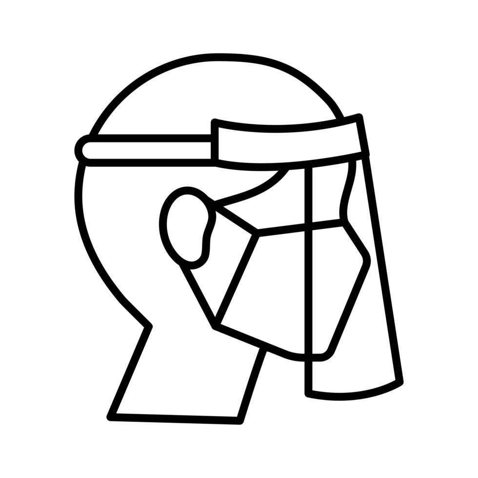 homme portant un masque médical et une icône de style de ligne accessoire de bouclier vecteur