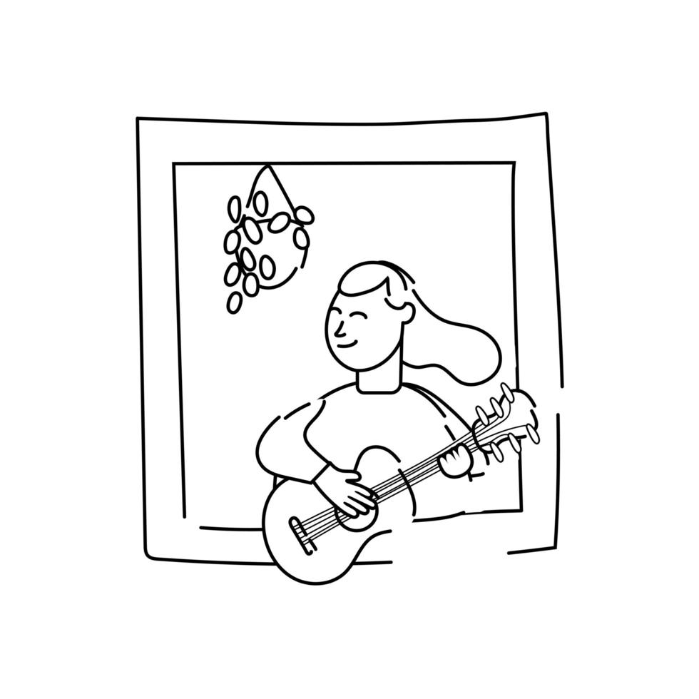 femme jouant de la guitare dans la fenêtre de l'appartement pour le style de ligne de quarantaine vecteur