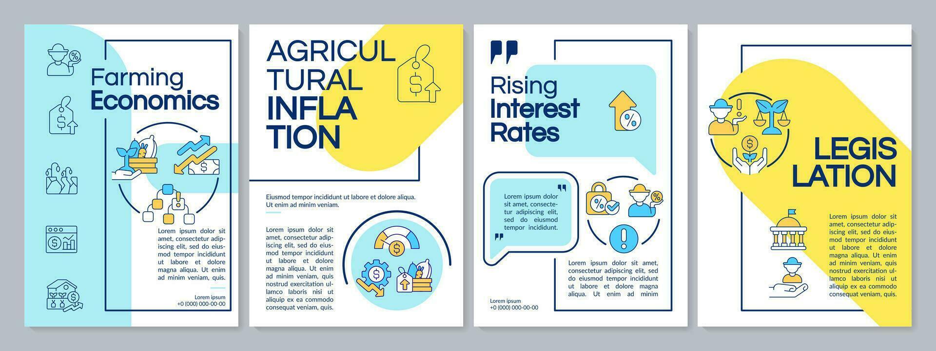 ferme économie bleu et Jaune brochure modèle. secteur agroalimentaire. brochure conception avec linéaire Icônes. modifiable 4 vecteur mises en page pour présentation, annuel rapports