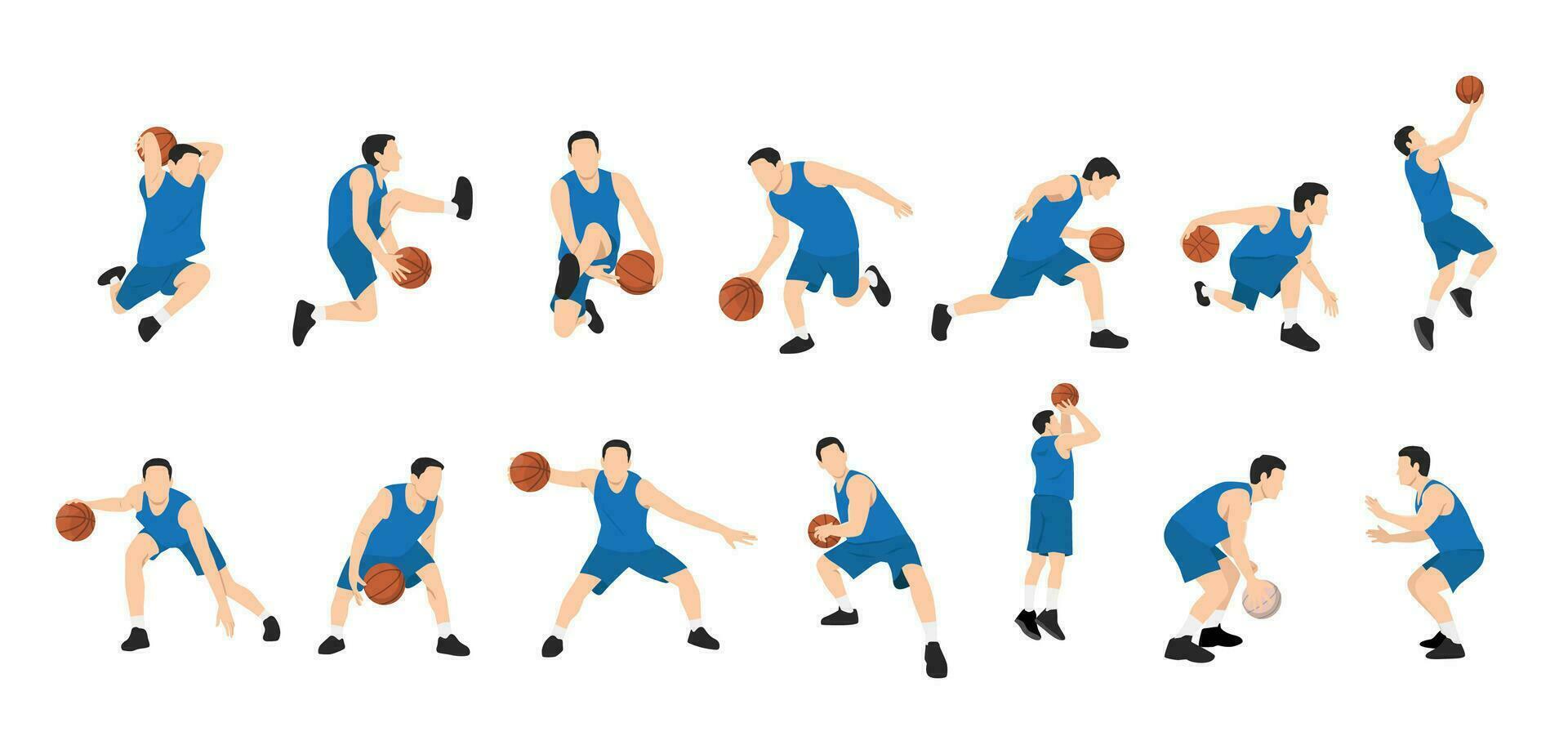 basketball joueur. silhouette de différent basketball joueurs dans différent en jouant positions. plat vecteur illustration isolé sur blanc Contexte