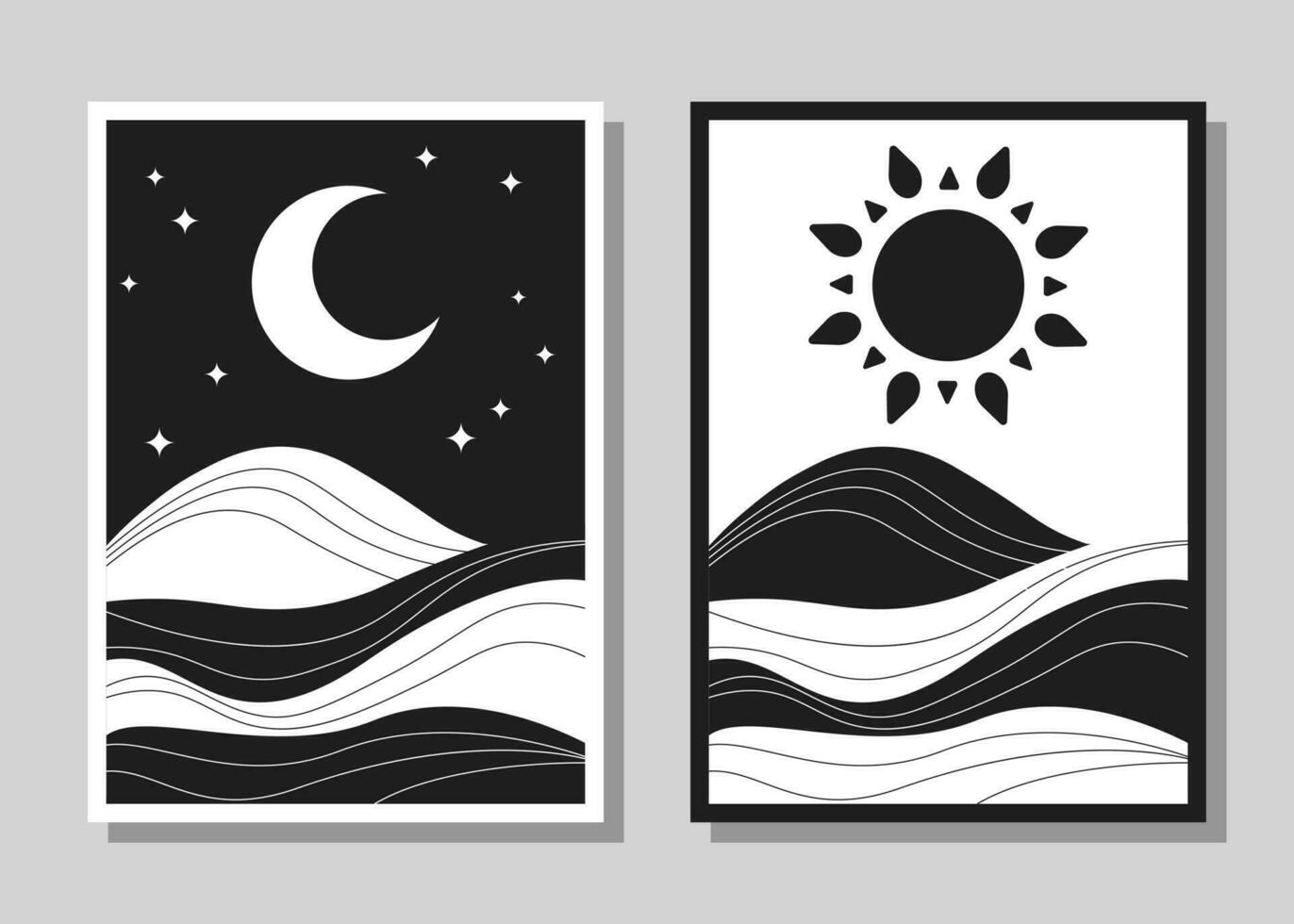 Soleil et lune paysage mur décoration imprimable fond d'écran ensemble de abstrait vecteur bohémien rétro noir blanc style affiche minimaliste conception