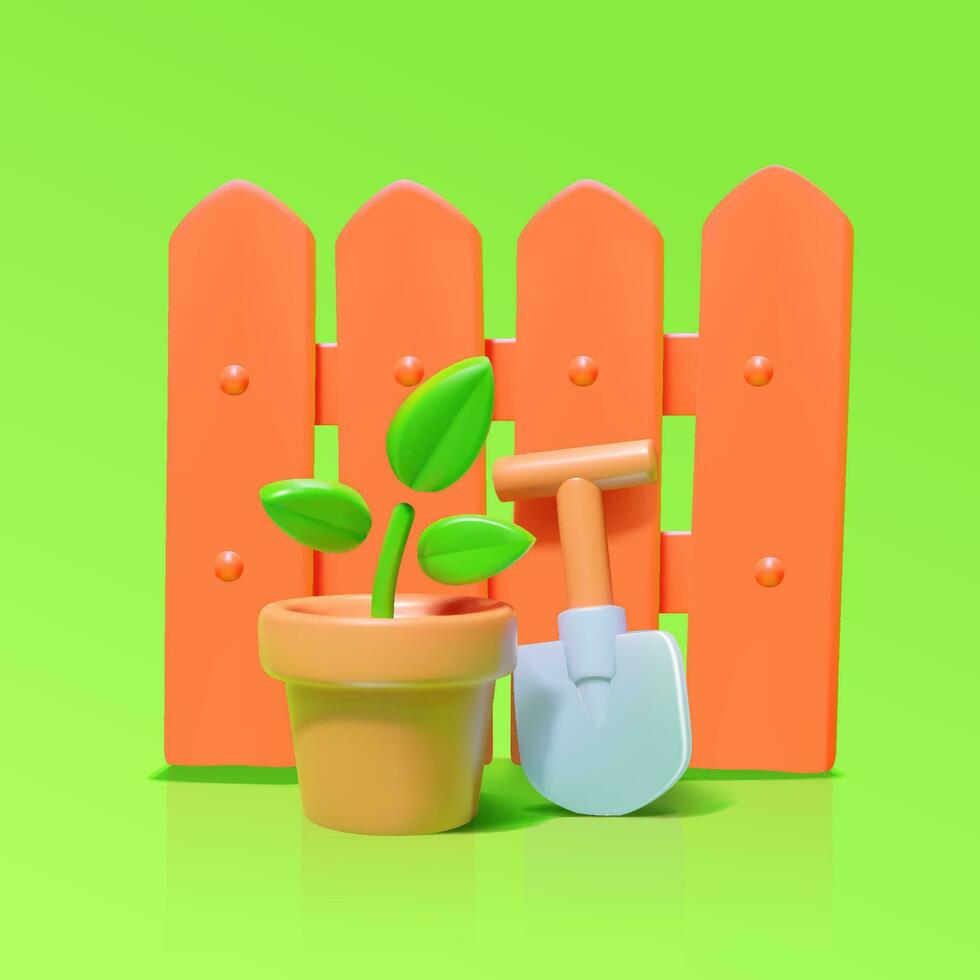 clôture, pelle et et fleur pot avec une germer. 3d faible poly vecteur. vecteur