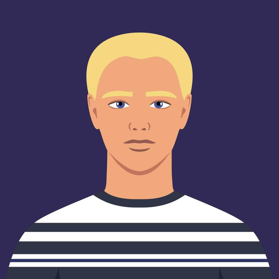 Jeune homme avec court blond cheveux dans une rayé chandail. portrait de un abstrait gars. plein visage abstrait Masculin avatar dans plat style vecteur