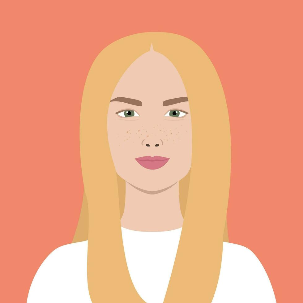 portrait de une Jeune souriant femme avec blond cheveux et taches de rousseur. avatar pour social médias. abstrait femelle portrait dans plat style vecteur