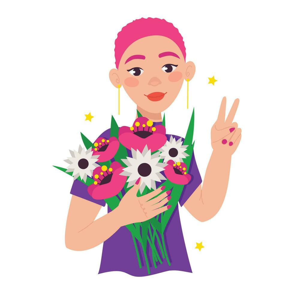 magnifique femme détient une bouquet de fleurs dans sa mains. avec court coloré cheveux. vecteur graphique.