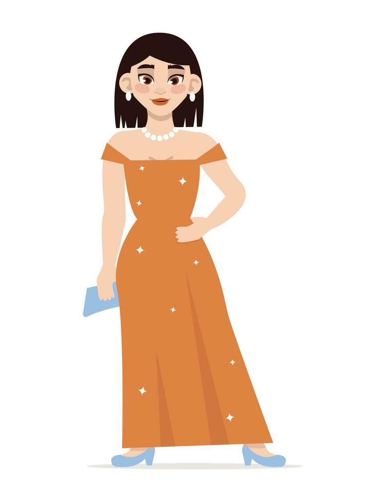 magnifique asiatique fille dans une brillant robe avec une Sac à main à le bal de promo. vecteur graphique.