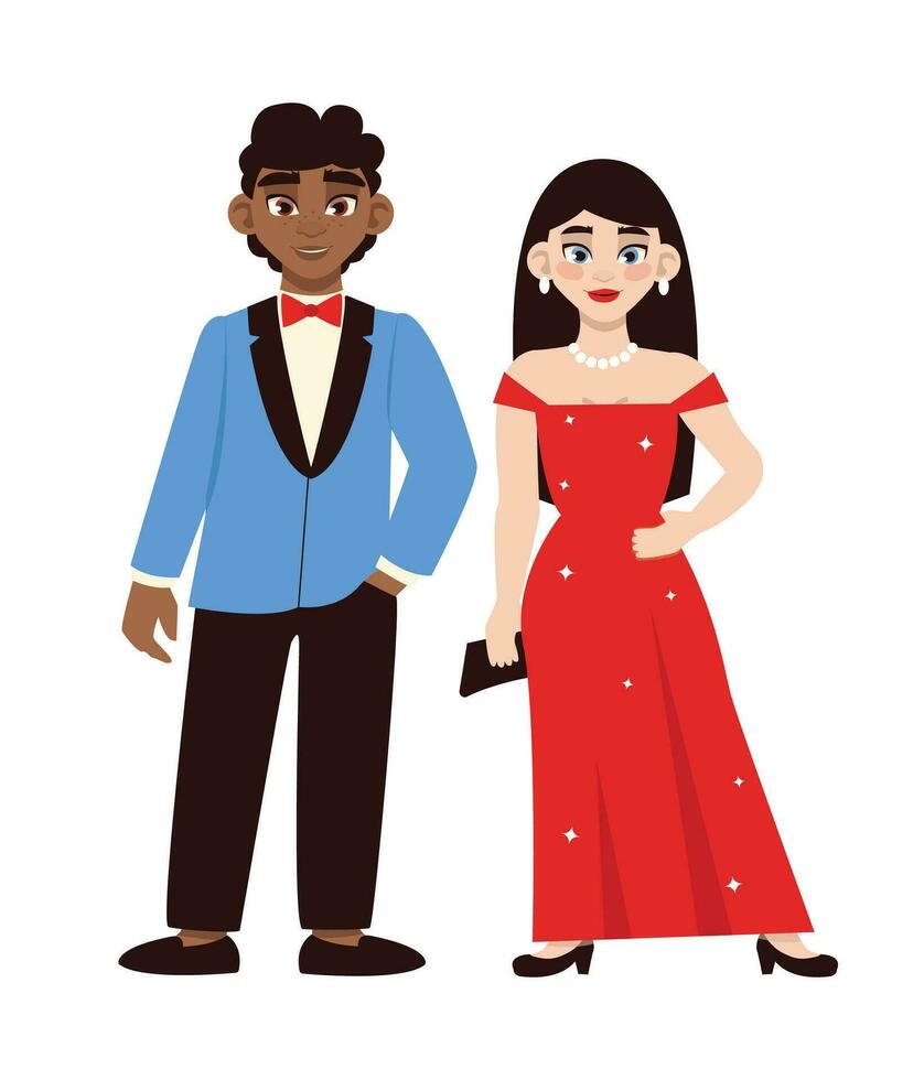 gars et fille sont diplômés. couple à une l'obtention du diplôme fête dans magnifique élégant vêtements. vecteur graphique.