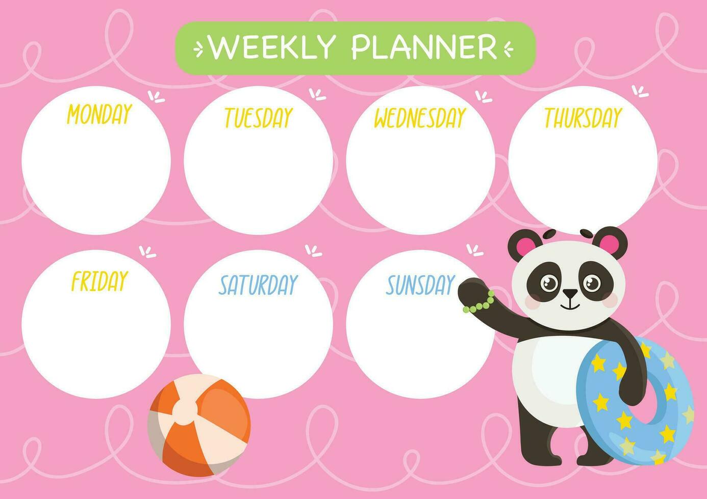 puéril mignonne la semaine planificateur. horizontal. avec une mignonne Panda personnage et un gonflable anneau. vecteur graphique.