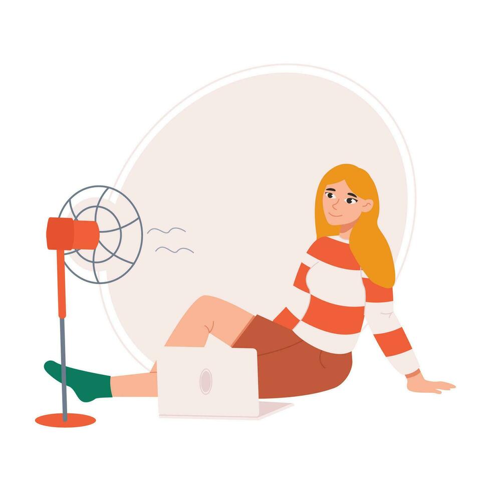 fille est séance sur le sol avec une portable et une ventilateur. fille avec ventilation équipement dans chaud temps. vecteur graphique.