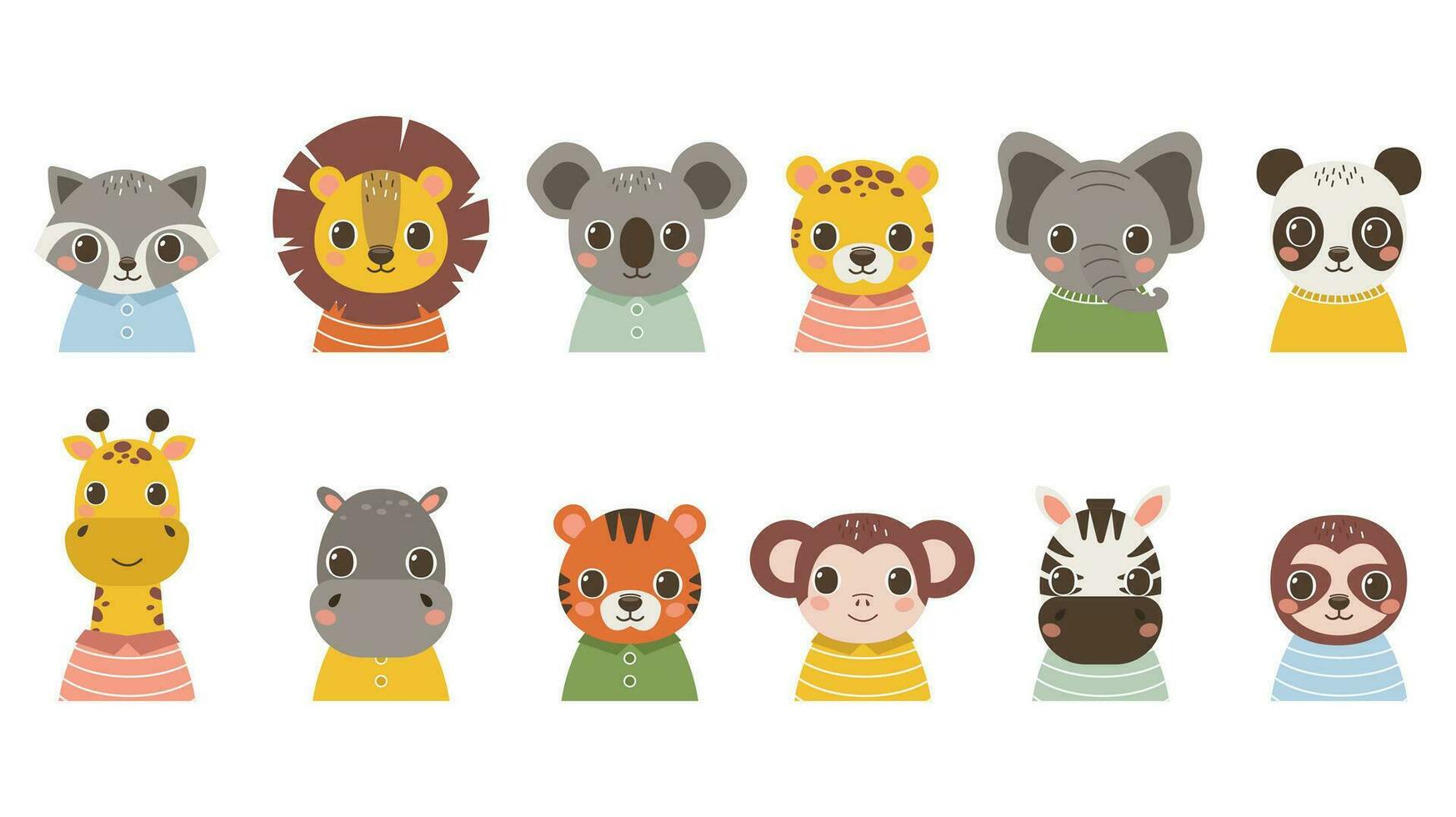 ensemble de portraits de mignonne animaux. raton laveur, lion, koala, jaguar, éléphant, Panda, girafe, hippopotame, tigre, singe, zèbre, paresseux. vecteur graphique.