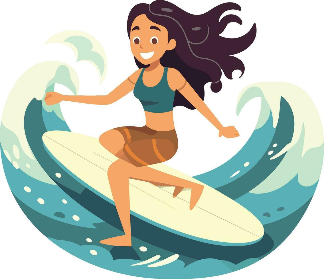 surfant fille illustration, de bonne humeur fille surfant avec joyeux expression vecteur