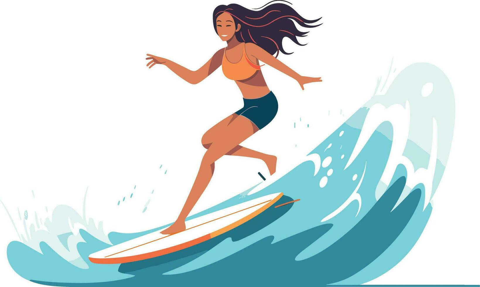 surfant fille illustration, de bonne humeur fille surfant avec joyeux expression vecteur